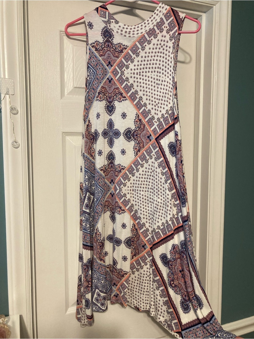 Living doll White Midi Dress with Blue and Tan Paisley Patchwork